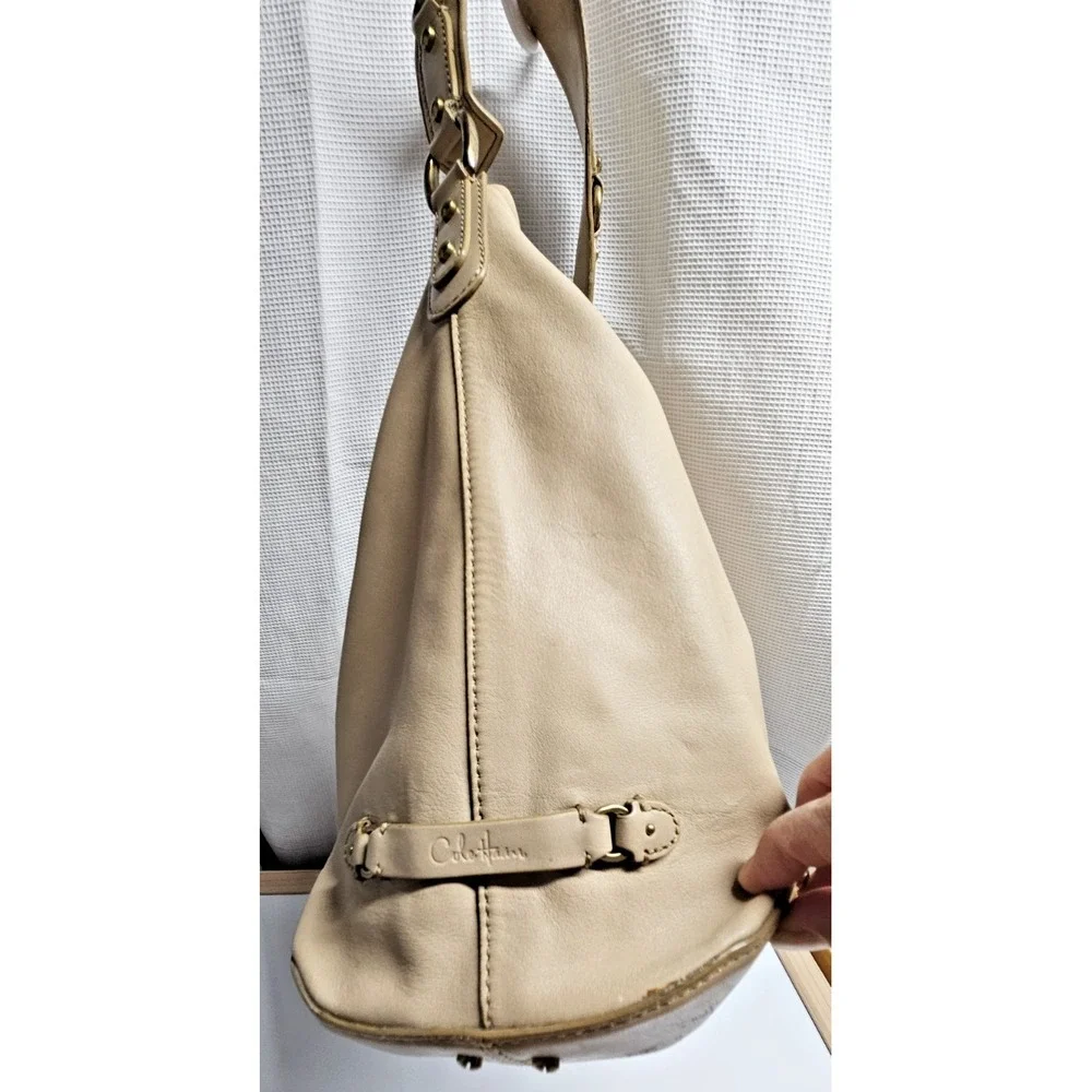 Vintage Cole‎ Haan large beige leather hobo bucket purse one handle bag